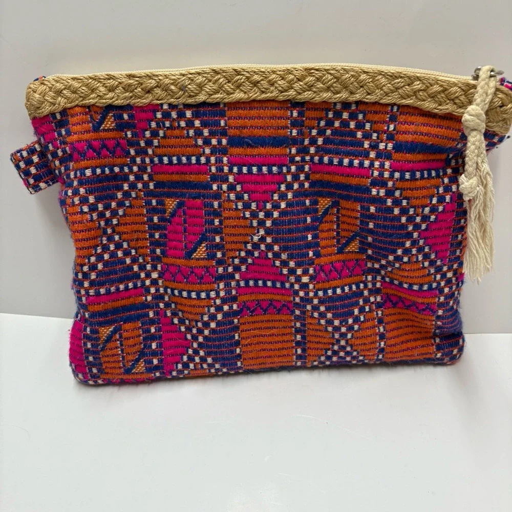 Jute Trim Colorful BoHo Large Cosmetic Bag